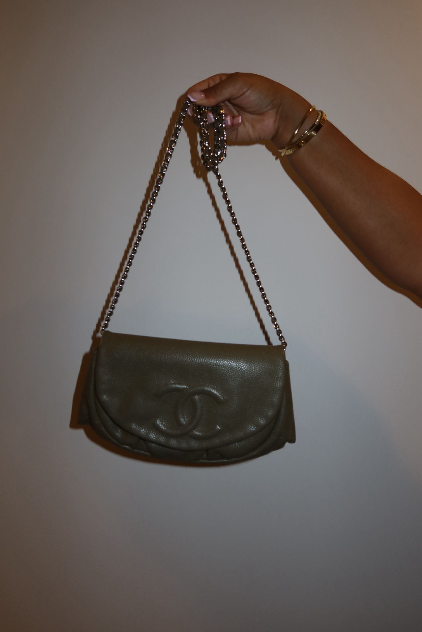 Chanel Olive Caviar Leather Pleated Shoulder Bag