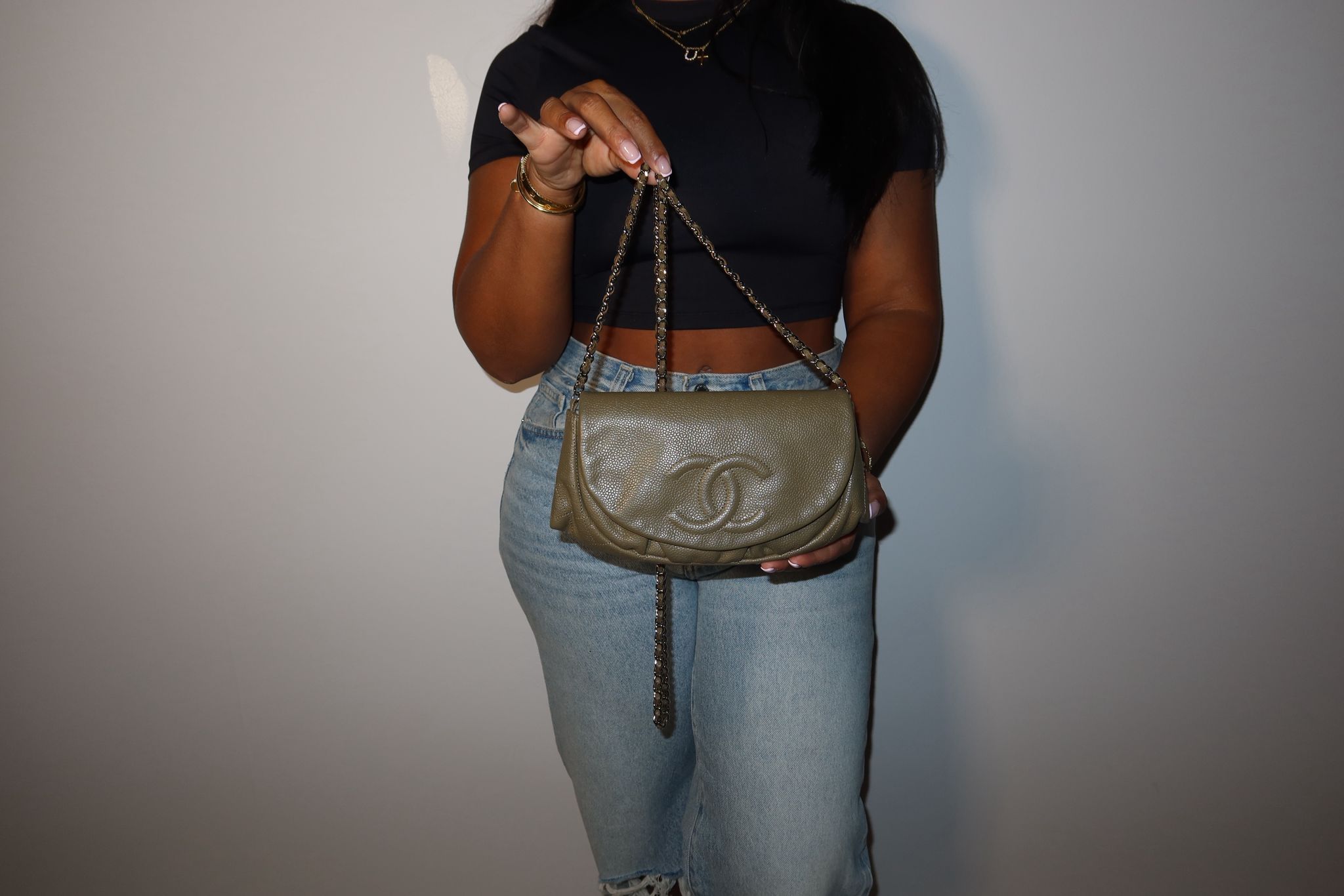 Chanel Olive Caviar Leather Pleated Shoulder Bag