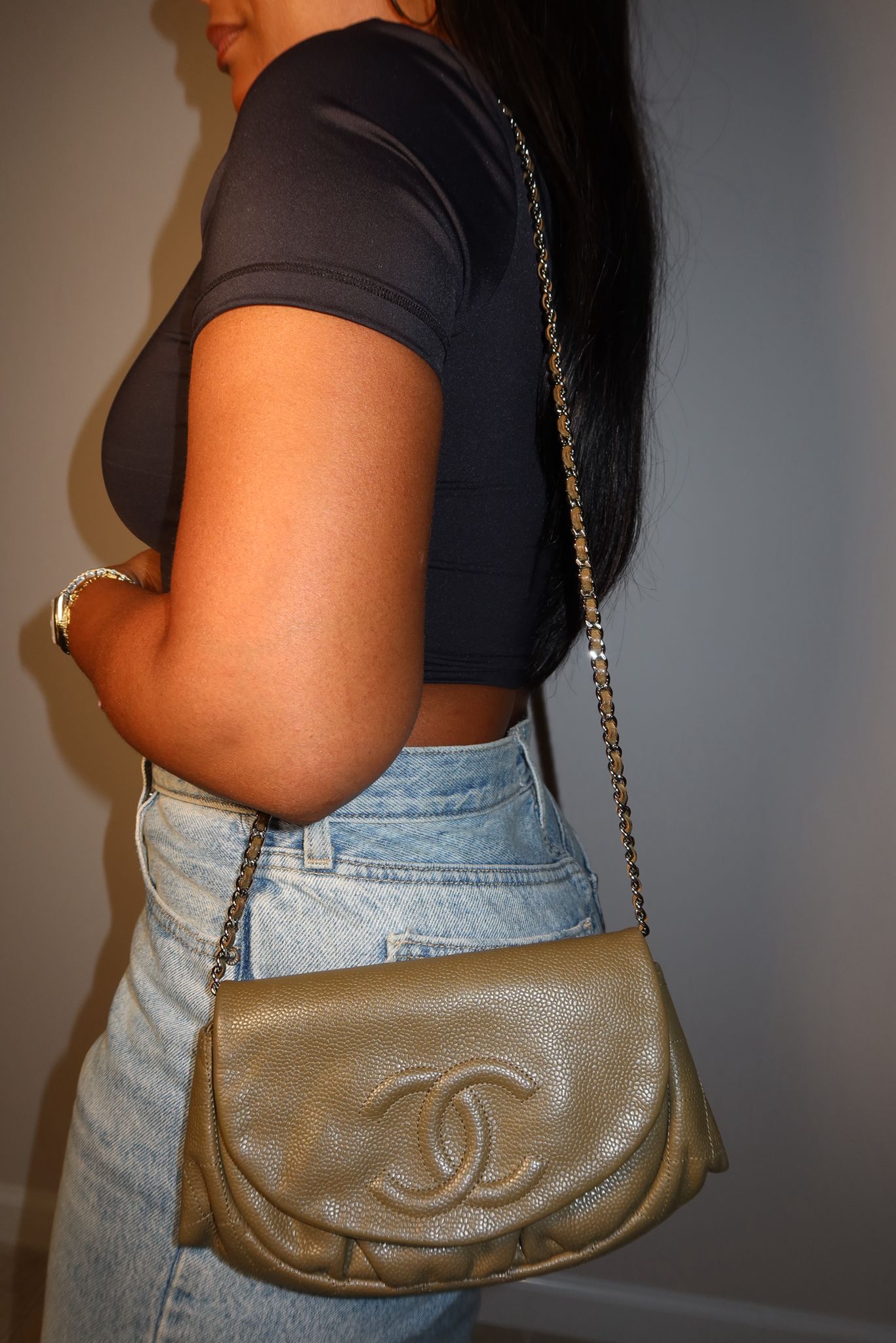 Chanel Olive Caviar Leather Pleated Shoulder Bag