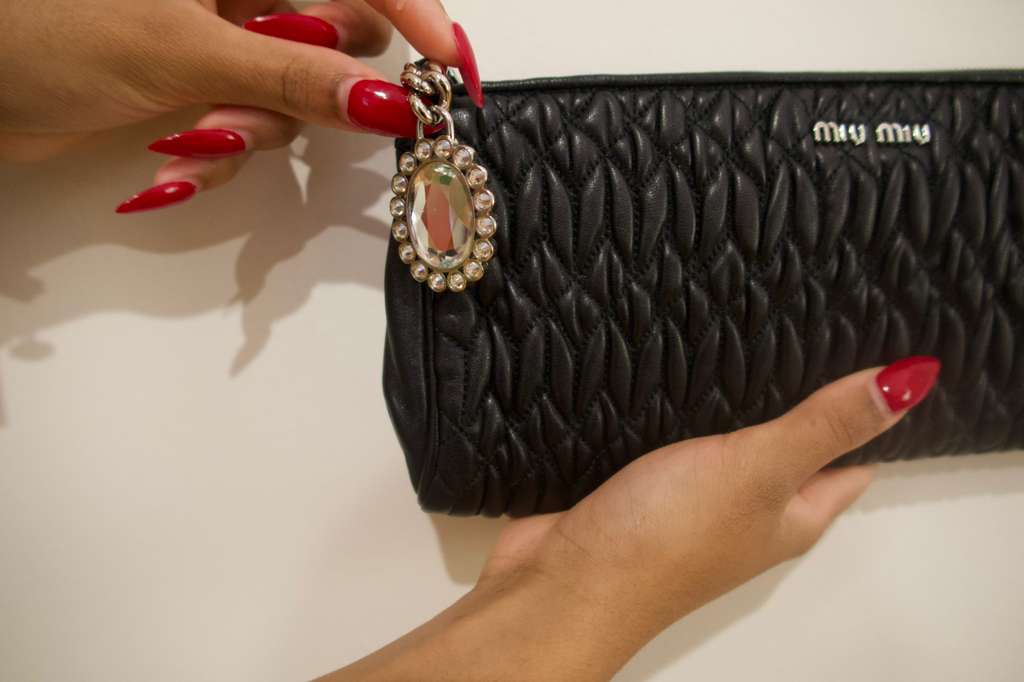 Miu Miu Crystal Charm Matelassé Clutch – Black